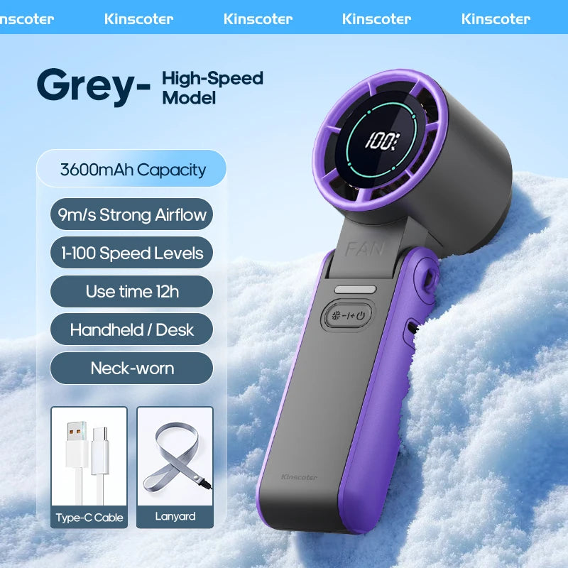 A grey Kinscoter high-speed handheld fan is shown in a close-up against a snowy background.