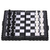 A portable folding magnetic chess set with black and white pieces on a chessboard.
