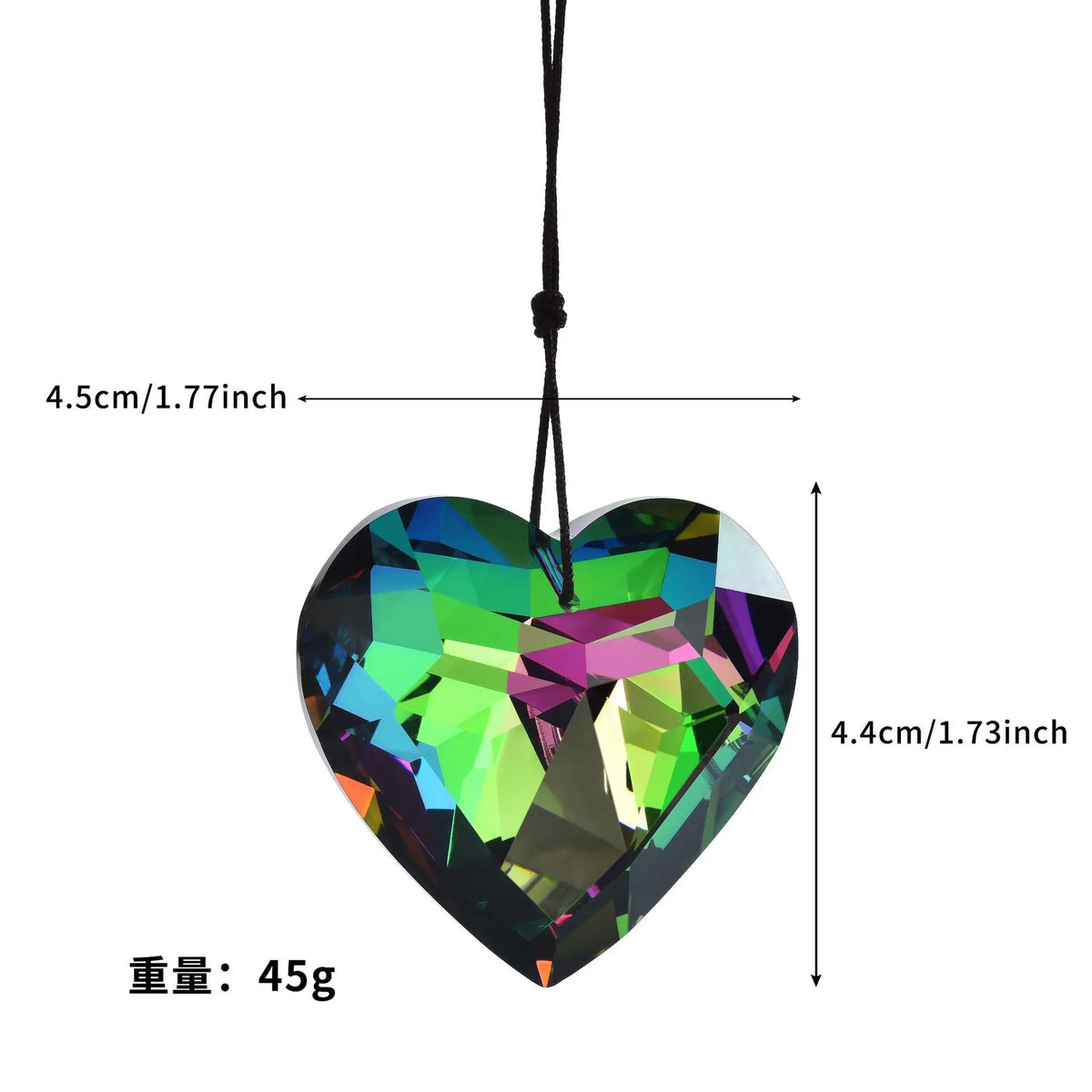 A heart-shaped crystal prism sun catcher pendant with a black cord and dimension measurements.