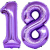 A purple foil number balloon shaped like the number 18 for celebrations.