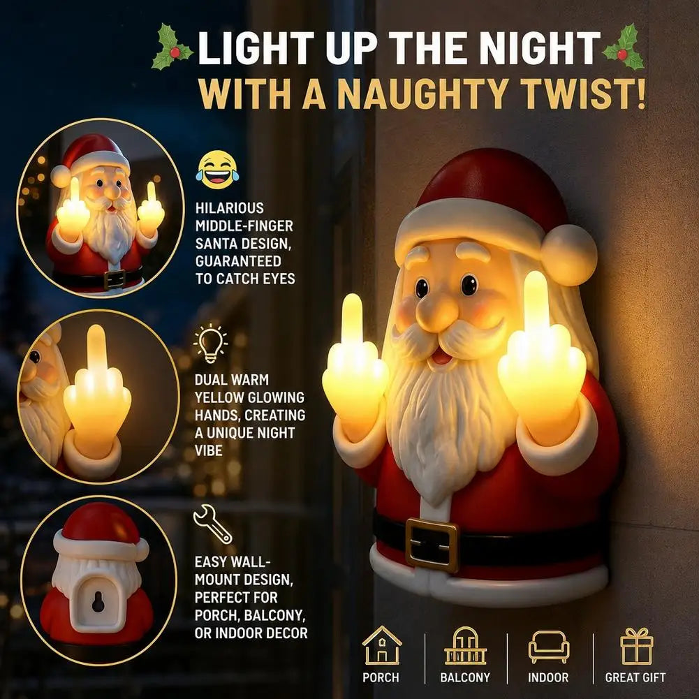 A humorous Santa Claus middle finger LED night light with a beard, illuminating a dark background.
