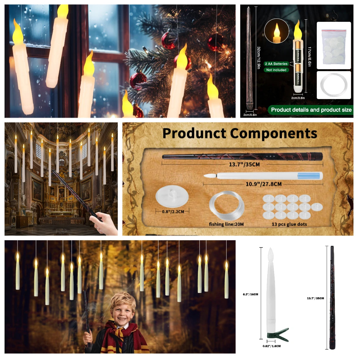 Set of floating LED candles and a magic wand remote for Halloween decoration