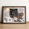 Framed vintage illustration of a raptor dinosaur drawing on aged paper