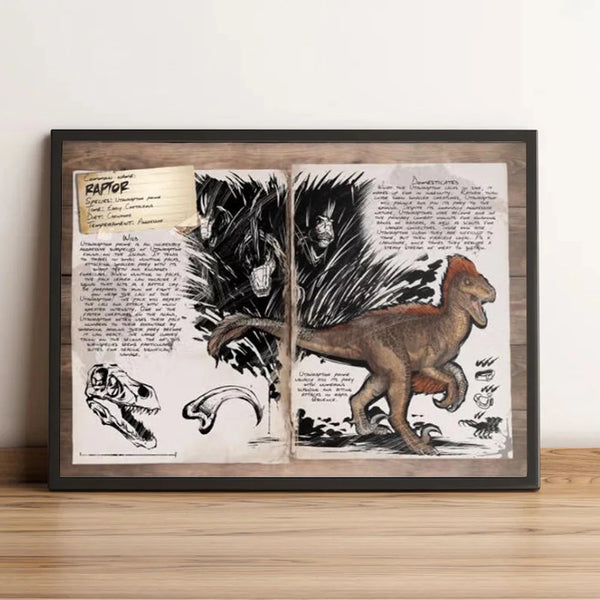 Framed vintage illustration of a raptor dinosaur drawing on aged paper