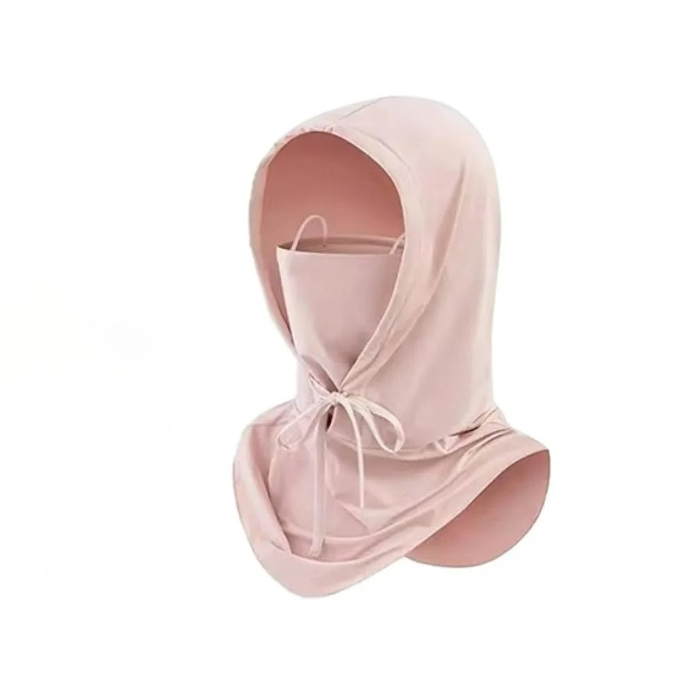 A light pink breathable full head UV protection mask for outdoor sports