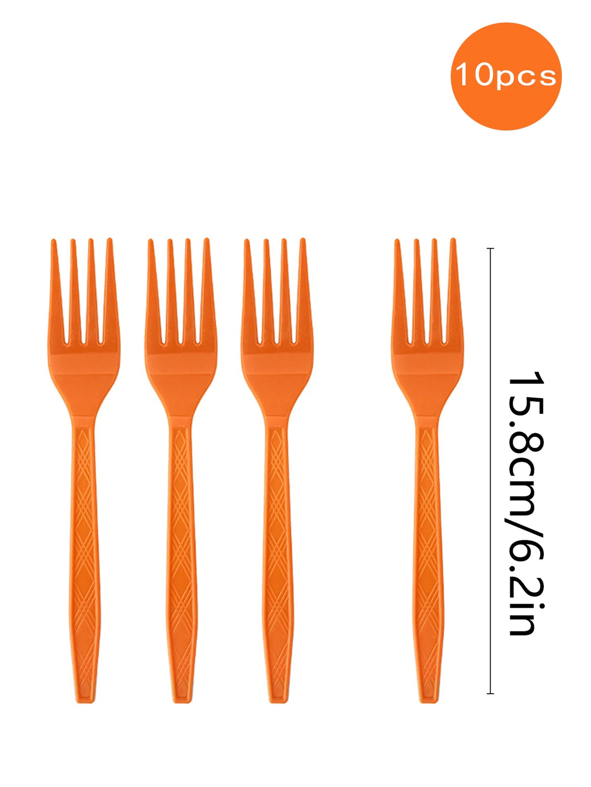 A set of 10 orange disposable forks with a Western design for party use.