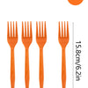 A set of 10 orange disposable forks with a Western design for party use.