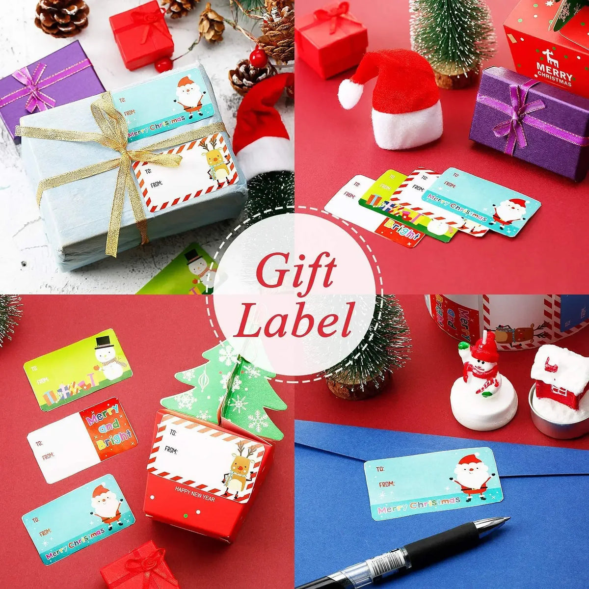 A collection of red, green, and purple Merry Christmas decorative stickers and gift labels for wrapping presents.