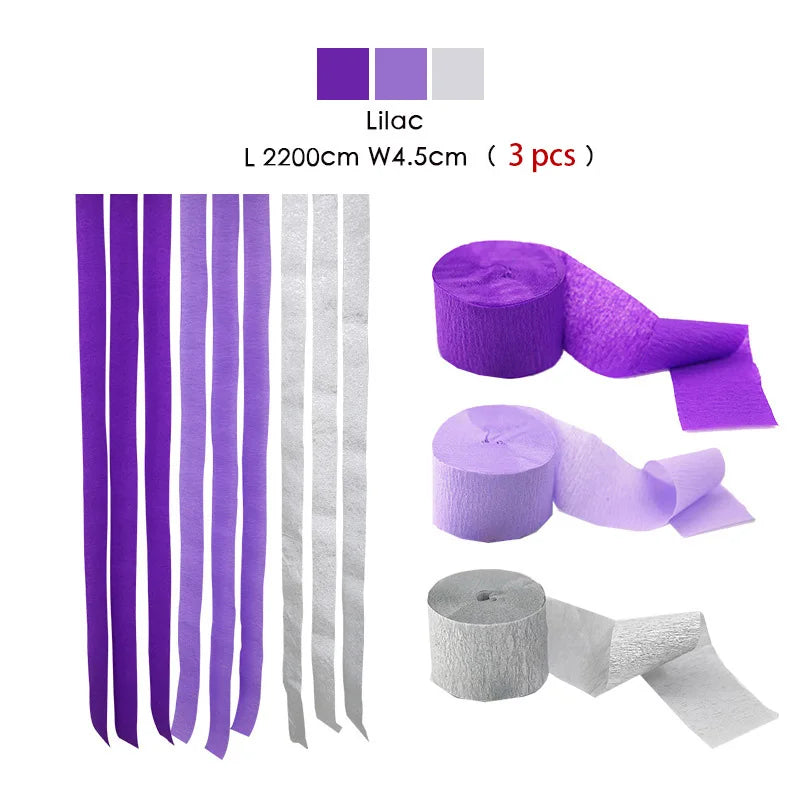 Set aus drei lilafarbenen und silbernen Crêpepapier-Girlanden, 2200 cm lang.