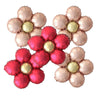 A set of five matte foil flower balloons in shades of red and pink with a daisy design.
