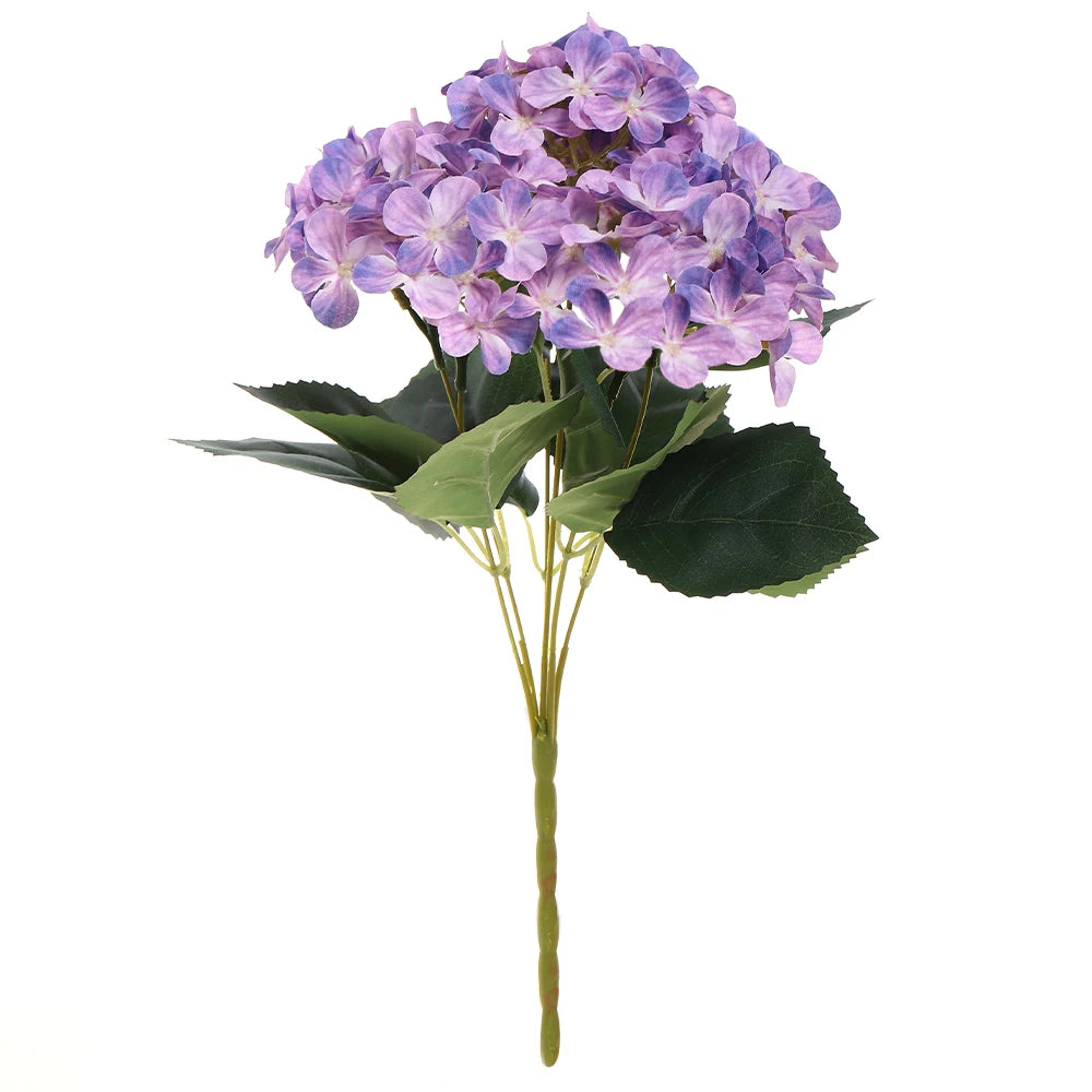 A bouquet of purple artificial hydrangea flowers with green leaves on a stem.