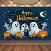 A dark blue Halloween neon backdrop featuring white ghost figures, a witch, bats, pumpkins, and a crescent moon.