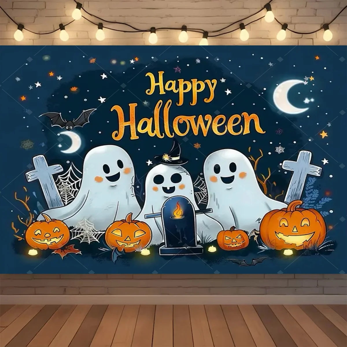 A dark blue Halloween neon backdrop featuring white ghost figures, a witch, bats, pumpkins, and a crescent moon.