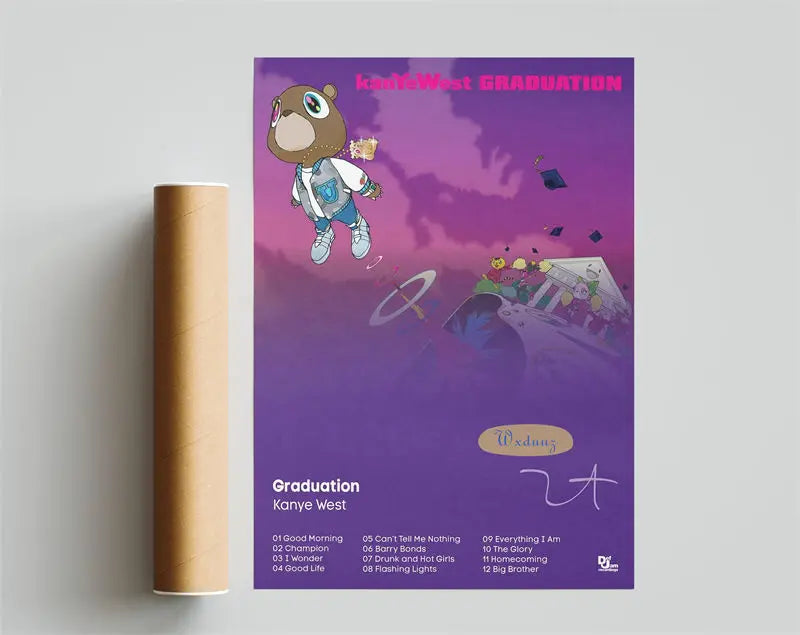Arte de álbum en lienzo para pared, decorado con un oso de dibujos animados y texto de graduación de Kanye West