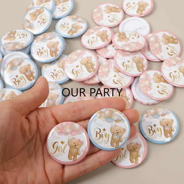 Cartoon Bear Team Pin Badges for Gender Reveal & Baby Shower Parties