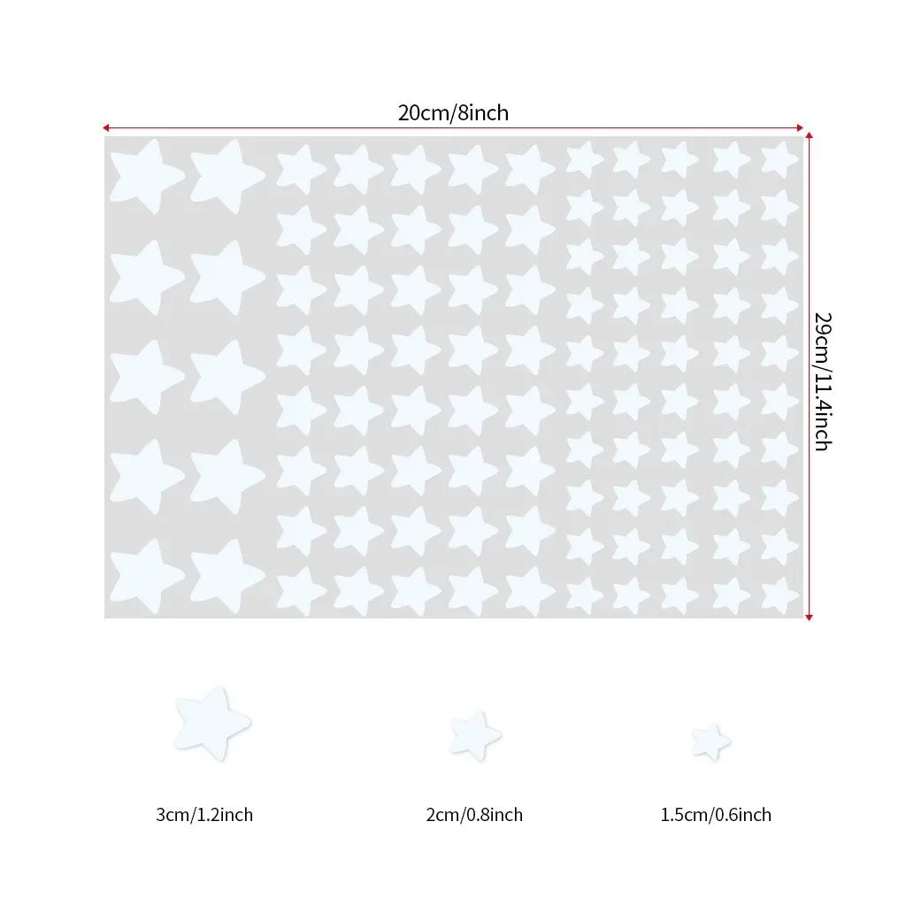 A sheet of white star wall decals with various sizes, including 3cm, 2cm, and 1.5cm stars.