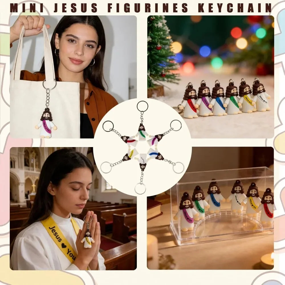 Collage von Mini-Jesus-Liebt-Dich-Schlüsselanhängern aus Edelstahl, in Kreuzform auf einem Beutel und in einer Glasbox