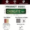 A vintage humorous lowrider metal tin sign with the text CHINGATE WAY displayed on a green background.