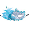 A light blue feather rhinestone masquerade mask with a floral accent and black strap.