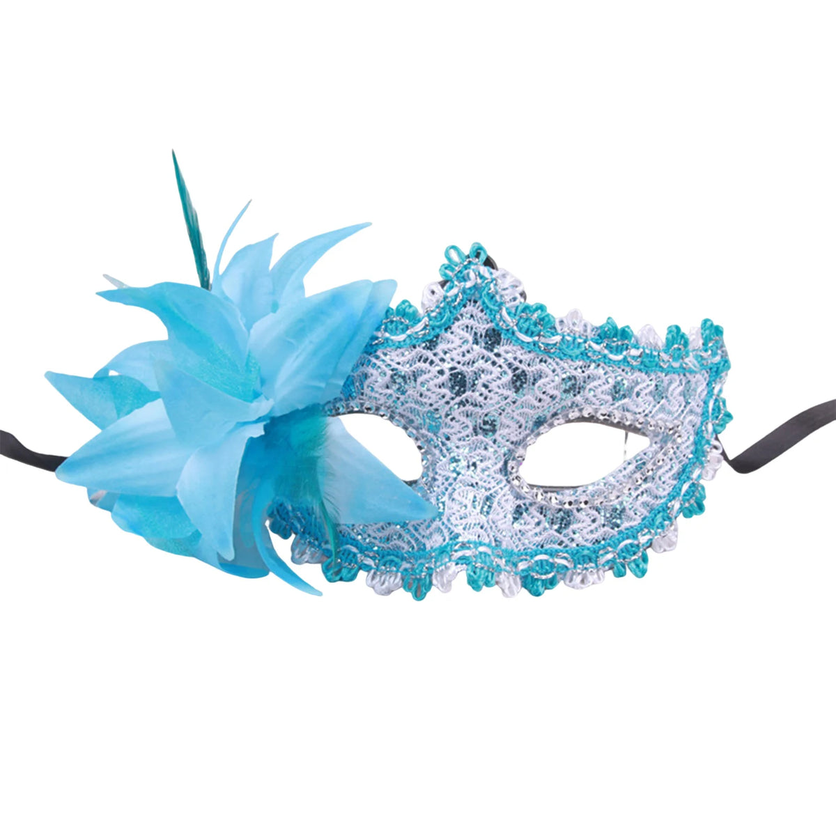 A light blue feather rhinestone masquerade mask with a floral accent and black strap.