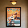 A vintage retro poster featuring a woman smoking Camel cigarettes while sitting on a classic car.