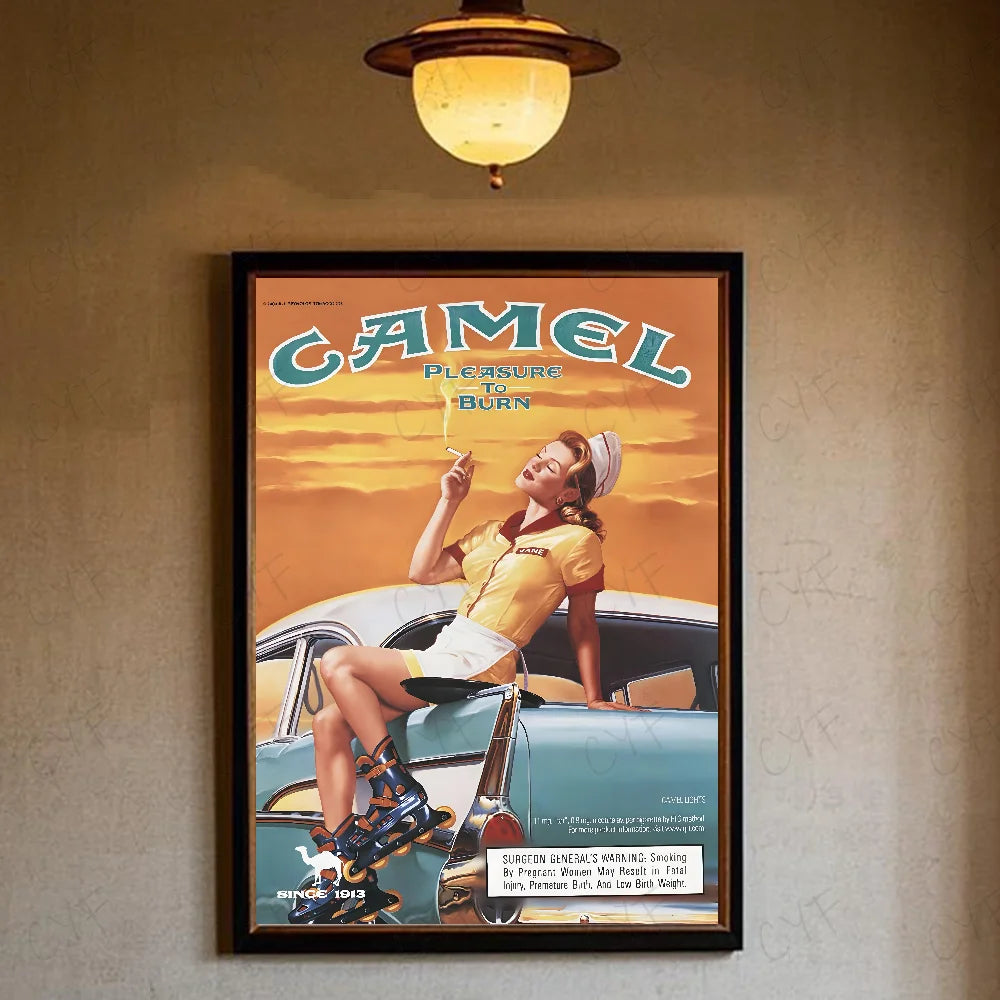 A vintage retro poster featuring a woman smoking Camel cigarettes while sitting on a classic car.