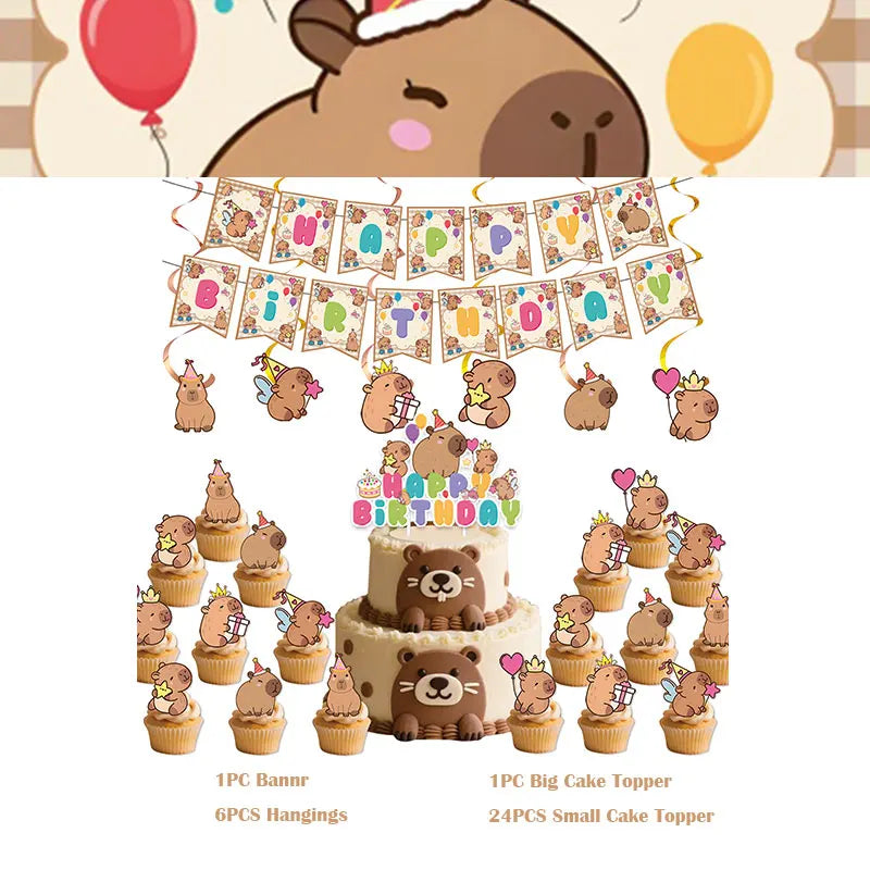 Birthday party decorations kit featuring banners, hangings, and cake toppers with capybara themes