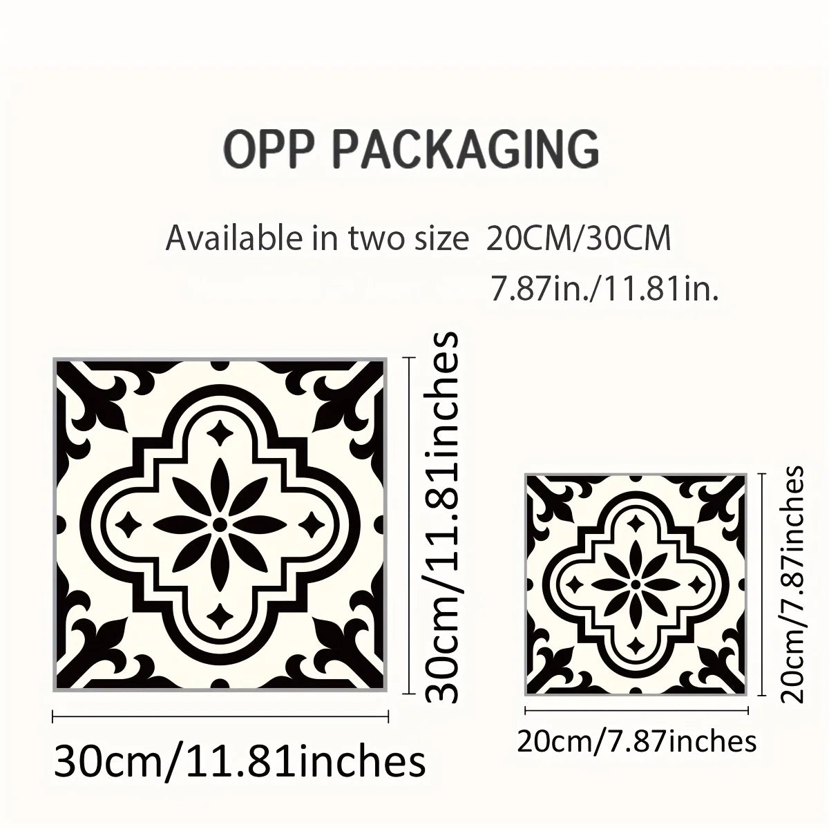 A display showing OPP packaging for Moroccan pattern floor stickers available in 20cm/30cm sizes.