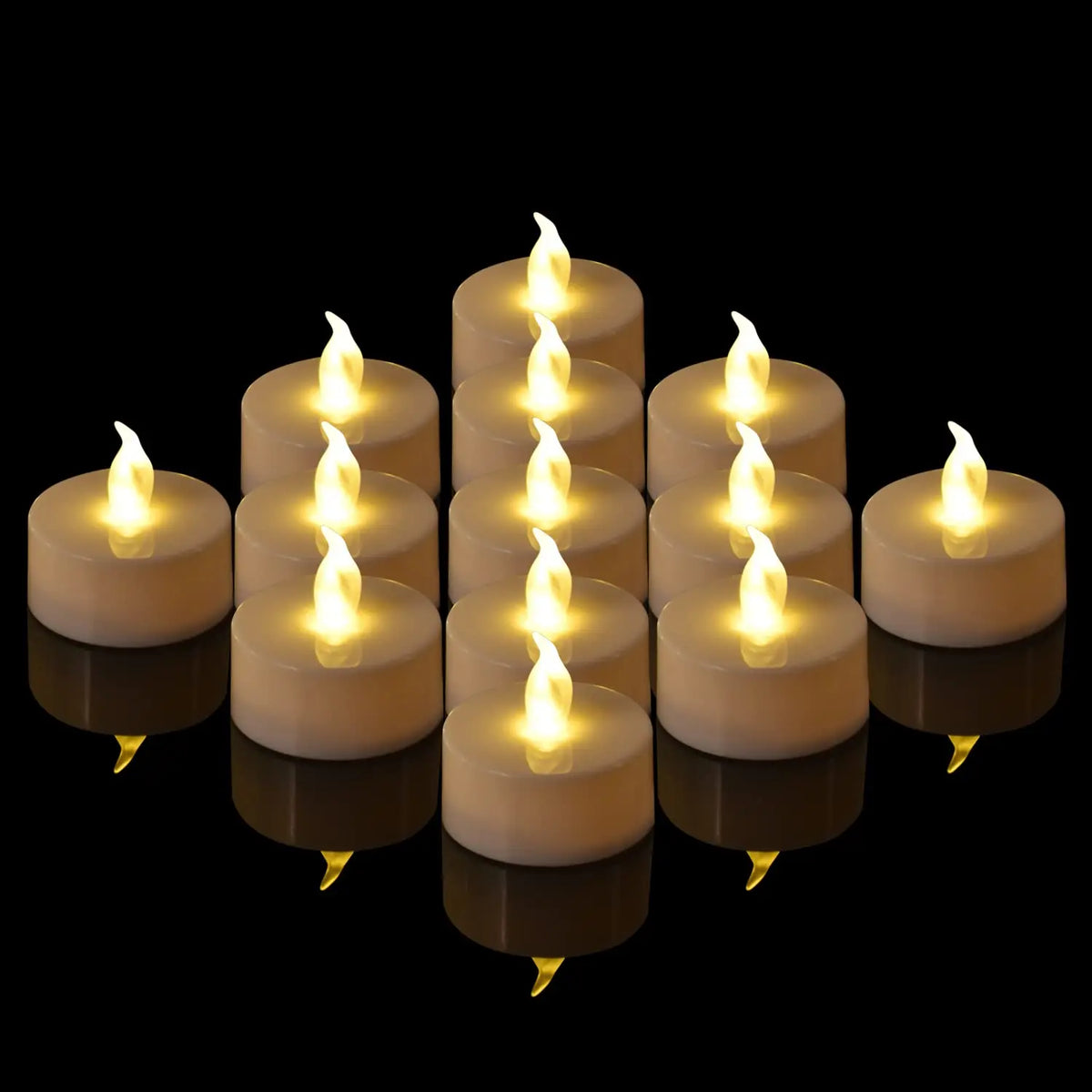 A row of glowing, warm white LED tealight candles set against a black background.