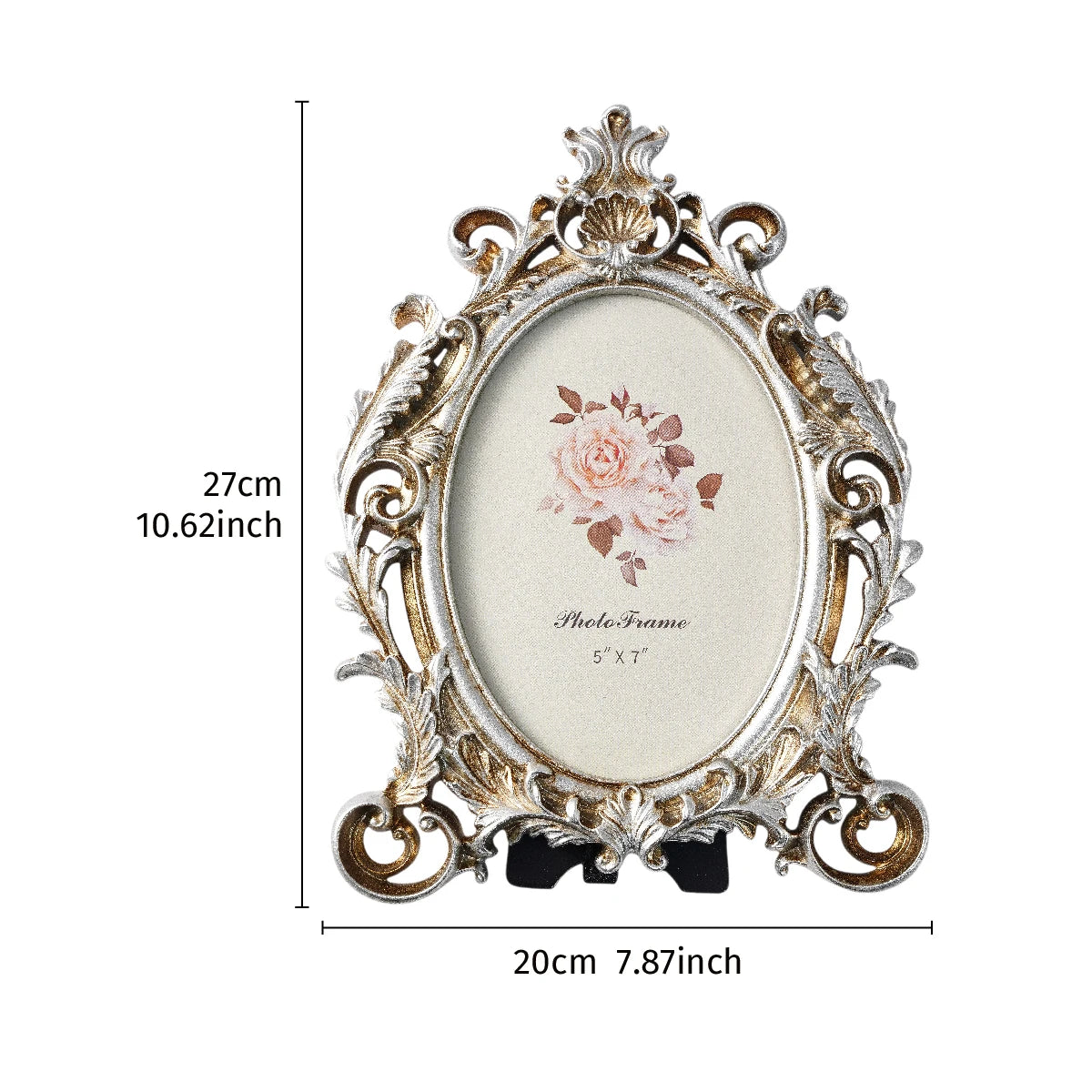 Vintage gold oval resin picture frame with ornate detailing and a soft pink rose design