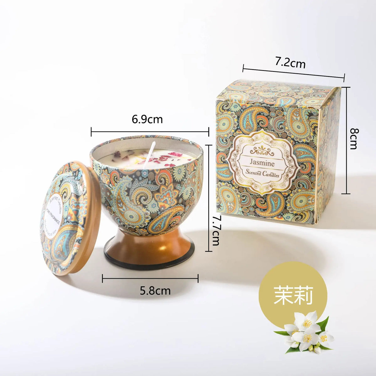 A gift set of soy wax aromatherapy candles in a decorative tin box and glass holder.