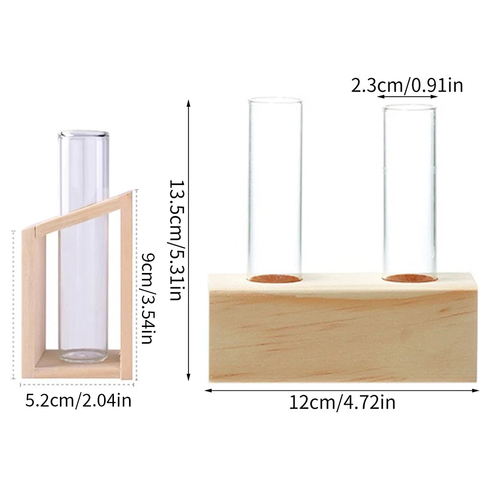 A glass test tube propagation station featuring a clear glass tube mounted on a wooden stand.