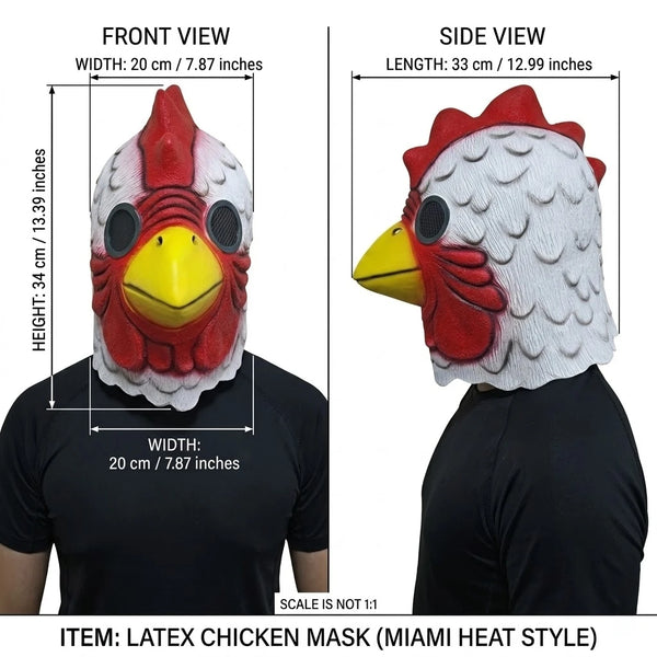 Front and side views of a realistic latex chicken mask with red and white feathers