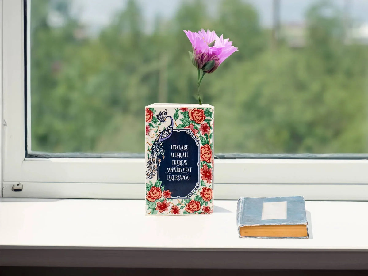 Hand-Painted Ceramic Book Vase with Blooming Flowers