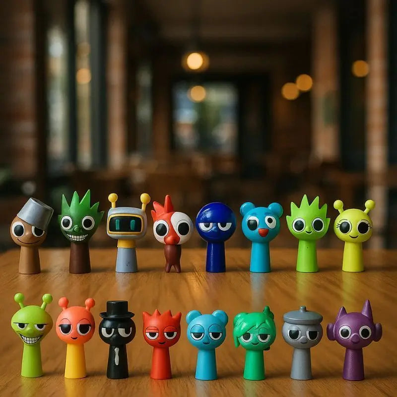 A collection of handcrafted musical figurines in various colors and shapes displayed on a wooden surface.