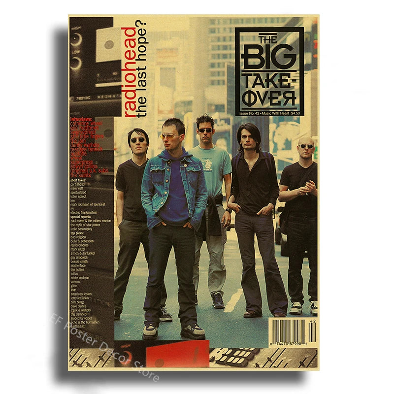 Album art poster for Radiohead's last hope featuring five band members in dark clothing.