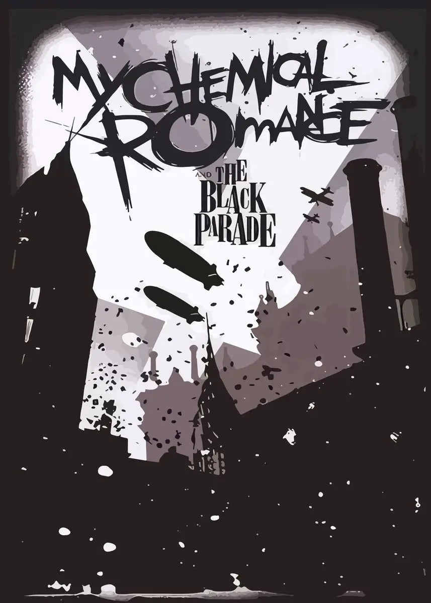 A dark, distressed graphic poster featuring the My Chemical Romance and The Black Parade logos over a cityscape silhouette.