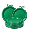A set of green disposable paper plates, including 7 inch and 9 inch round plates.
