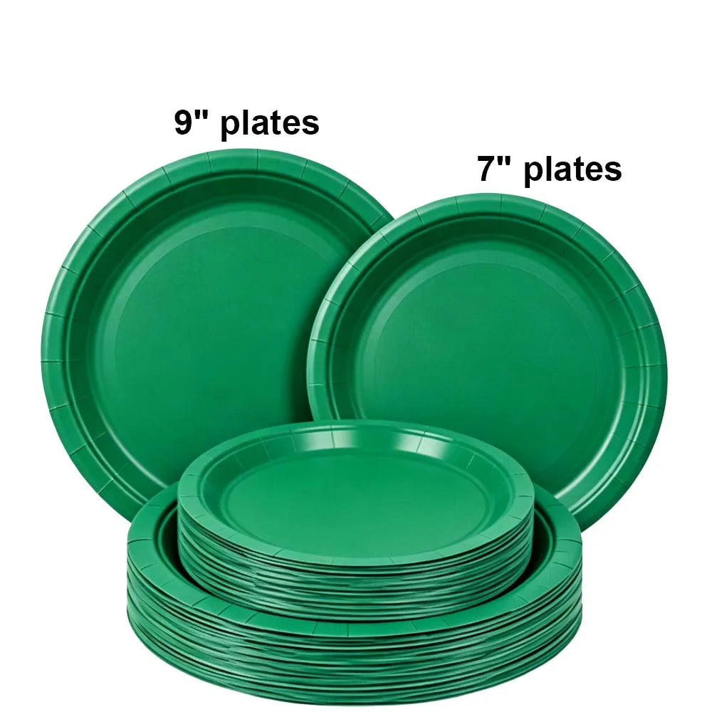 A set of green disposable paper plates, including 7 inch and 9 inch round plates.