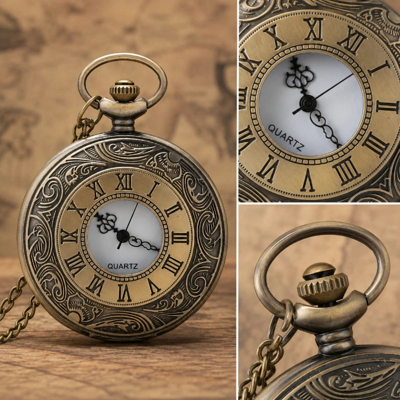 A vintage bronze quartz pocket watch with a chain and ornate engraving, shown in detail.