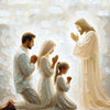 A painting depicting Jesus and three women kneeling together against a bright, textured background.