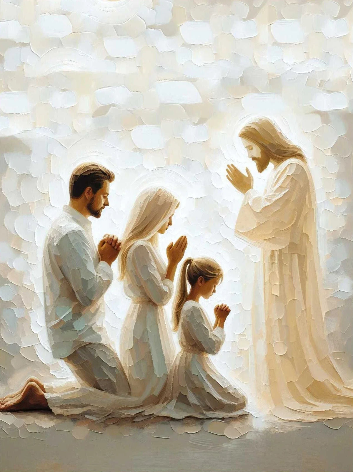A painting depicting Jesus and three women kneeling together against a bright, textured background.