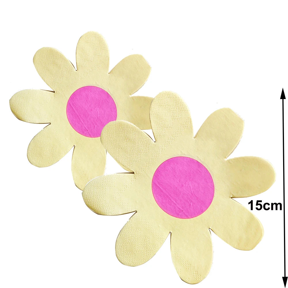 A single light yellow disposable flower napkin with a pink center is shown against a white background.