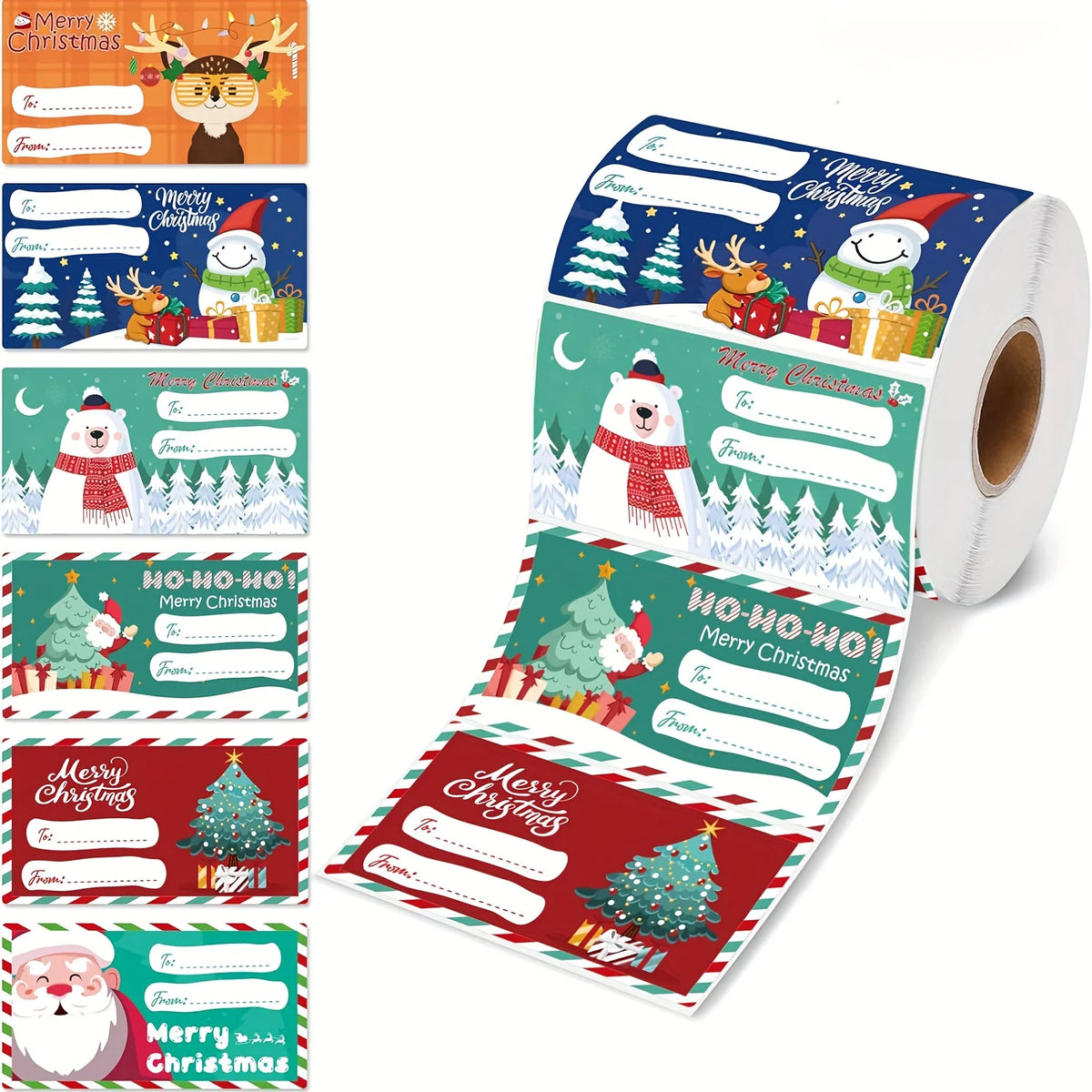 Roll of Christmas gift tag stickers featuring various holiday designs and blank spaces for messages