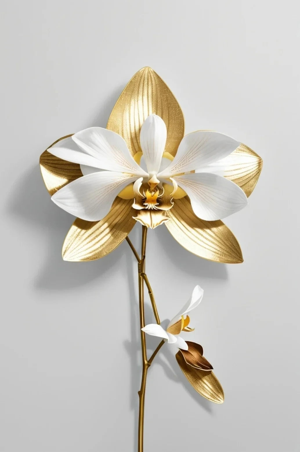 Flor de orquídea blanca prensada con hoja de oro en un tallo delgado contra una pared gris claro.
