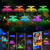 A collection of colorful solar jellyfish garden lights displayed in various settings like patio, Christmas, party, garden, an