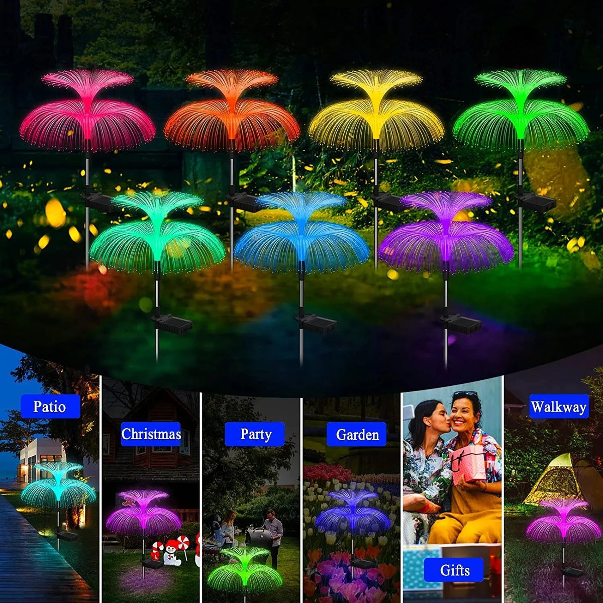 A collection of colorful solar jellyfish garden lights displayed in various settings like patio, Christmas, party, garden, an