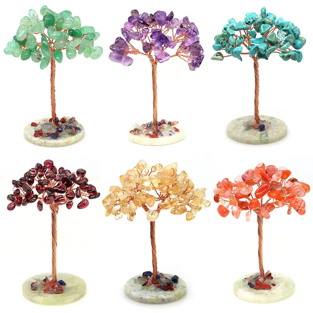 A collection of six natural crystal money tree decor pieces mounted on copper wire stems.