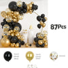 A black and gold balloon garland arch kit featuring various sized balloons and confetti.