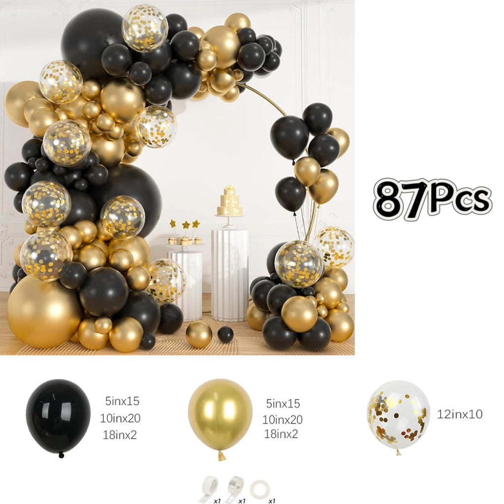 A black and gold balloon garland arch kit featuring various sized balloons and confetti.